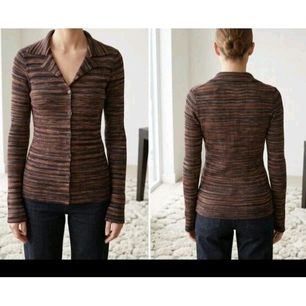 Theory Button Sweater Size M Slit Long Sleeve Ribbed Collar Brown/Black